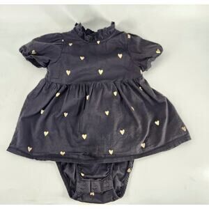 H&M One Piece Mini Dress Infant Baby 12-18M Black Gold Heart Print Puff Sleeves